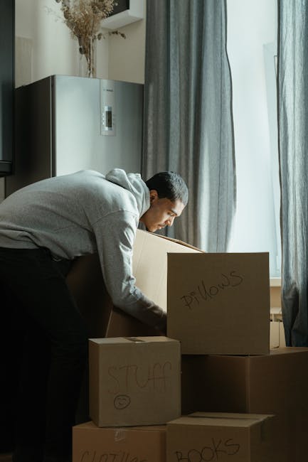 A man dressed in a grey hoodie is inspecting a cardboard box during a home relocation process inside a room with natural light coming through large windows covered partially by grey curtains. The room